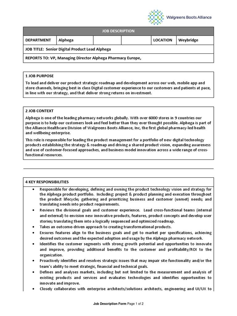 SNR Digital Product Lead Job Description PDF Strategic Management Customer Experience