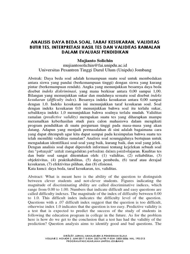 Analisis Daya Pembeda Soal Tk Validitas