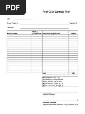 Petty Cash Summary Fillable