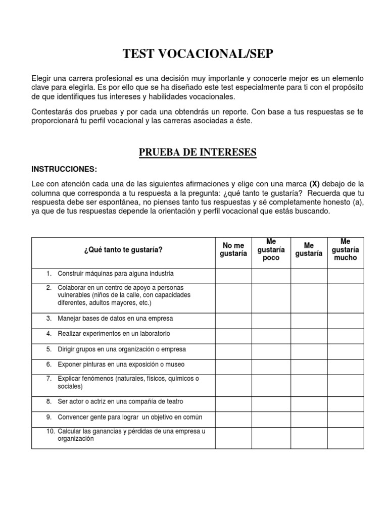 Test Vocacional SEP para Adolescentes | PDF | Adultos | Science