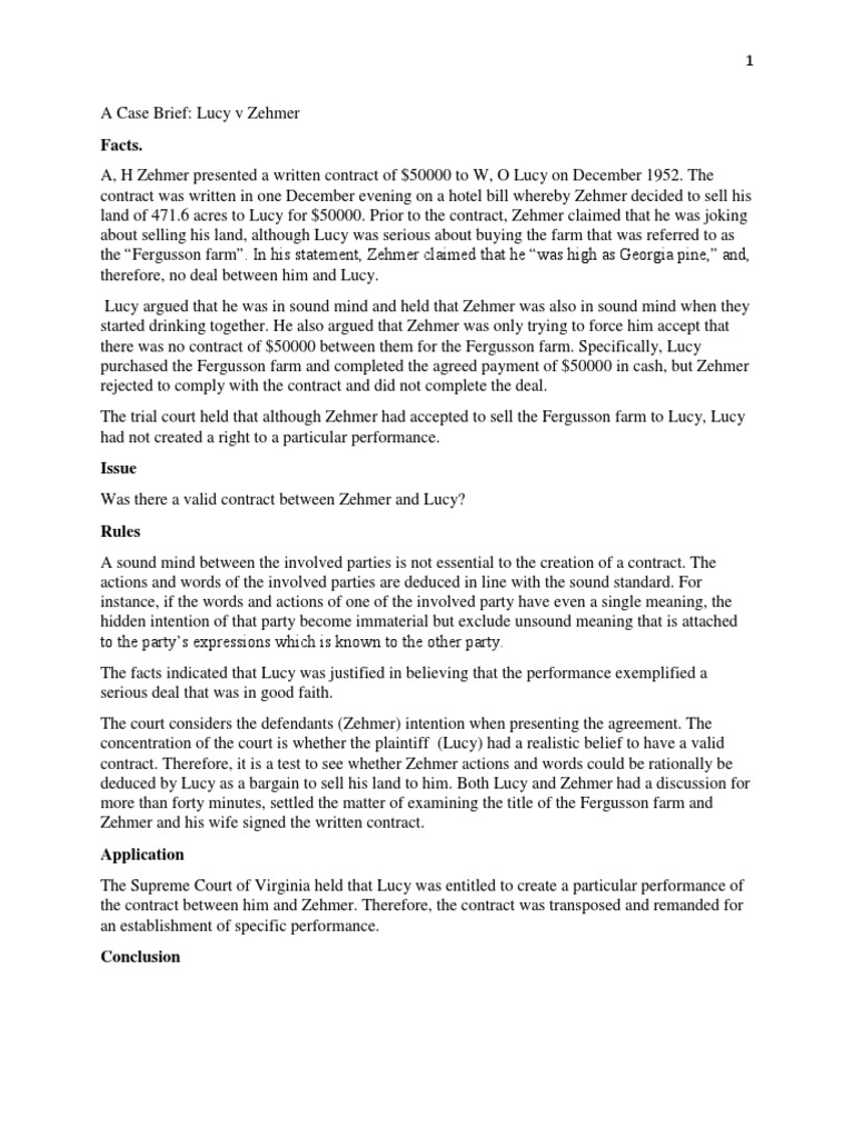 A Case Brief Lucy V Zehmer | PDF | Brief (Law) | Courts
