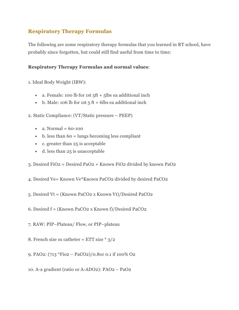 Essential Respiratory Therapy Formulas | PDF | Respiration | Medical ...