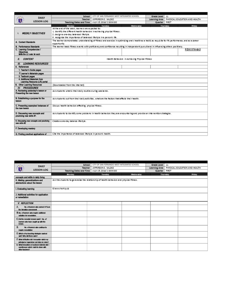 Grade 11 PE Health Lesson Plan | PDF | Teachers | Learning