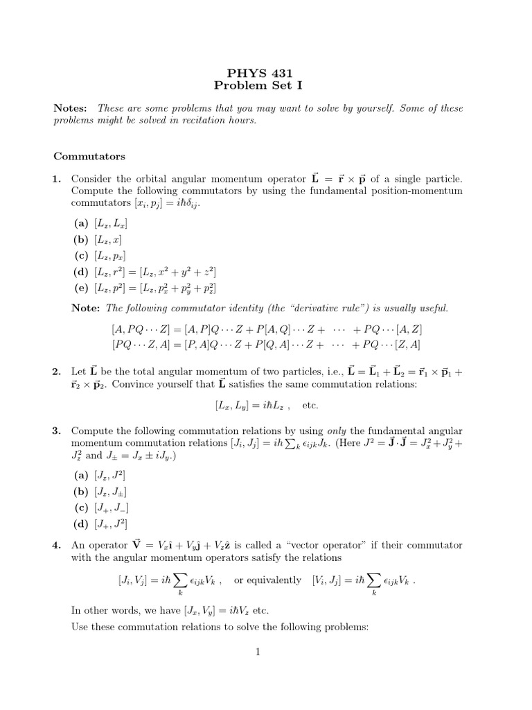 Phys 431 Problem Set 01 Angular Momentum Euclidean Vector