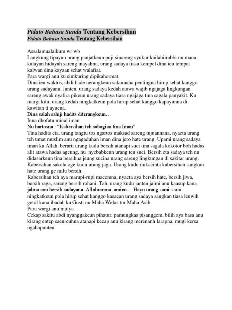 Pidato Bahasa Sunda Tentang Kebersihan