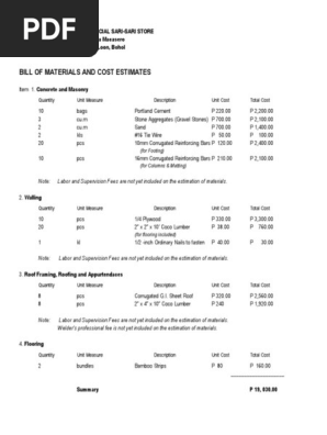 Bill of Materials and Cost Estimates (Sample)