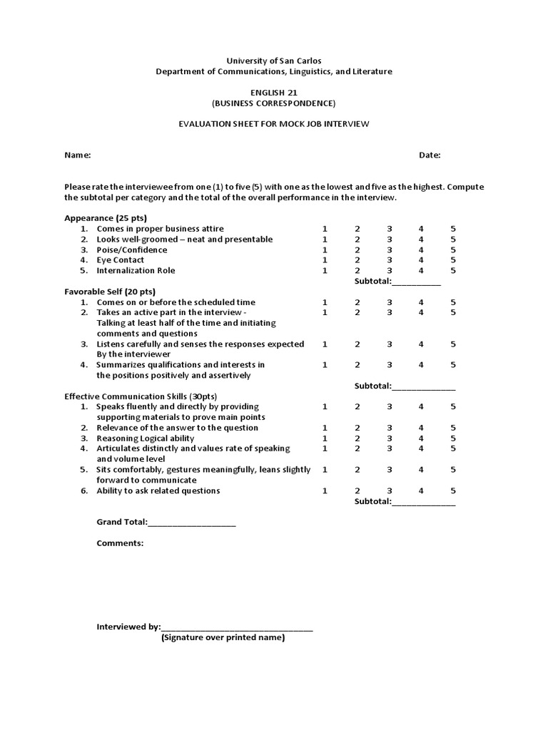 Mock Job Interview Evaluation Sheet | PDF | Job Interview | Behavioural ...