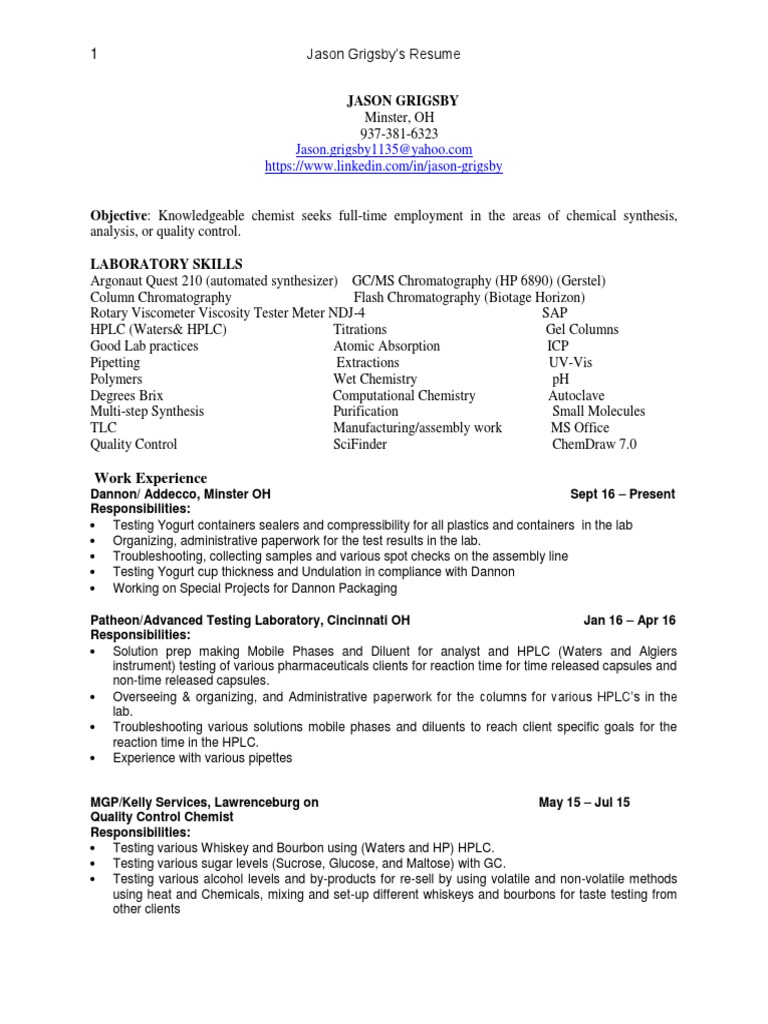 Chemist Laboratory Technician Quality in Cincinnati OH Resume Jason ...