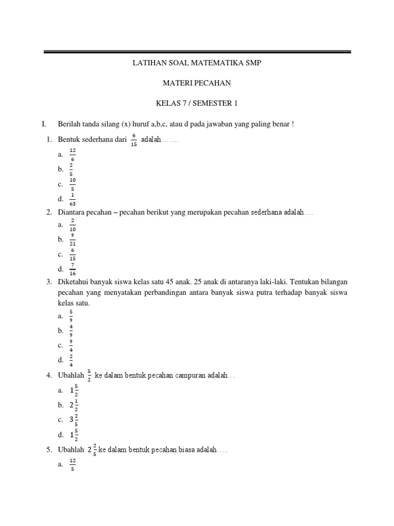 Soal Pilihan Ganda Pecahan