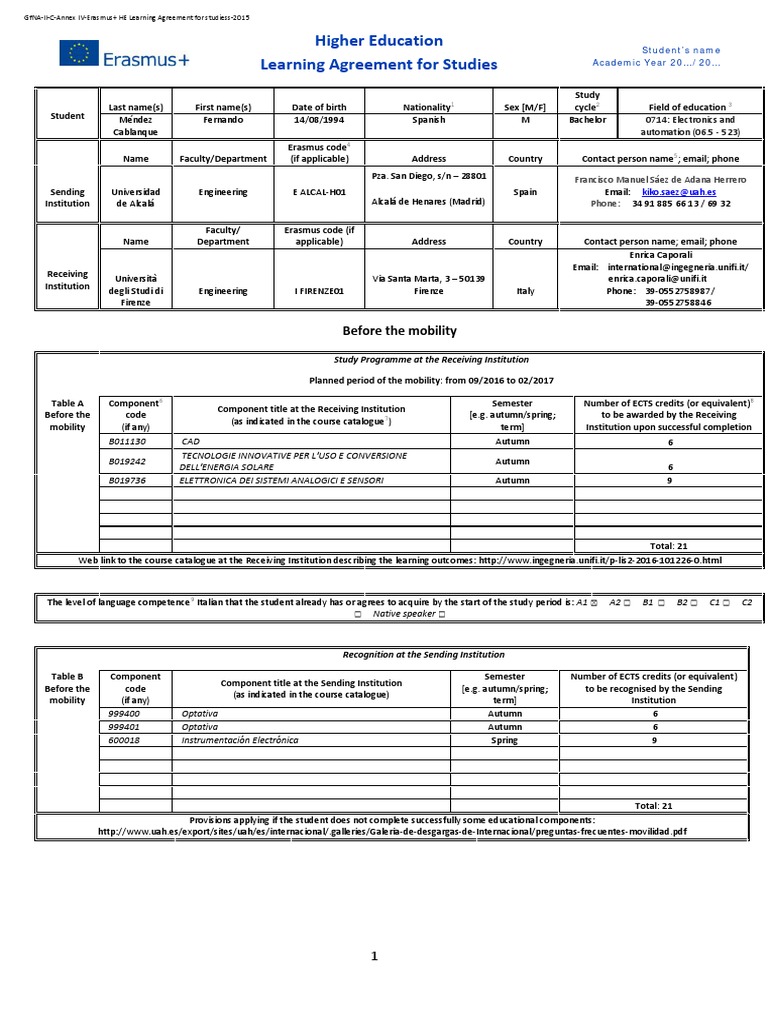 Erasmus+ Learning Agreement Template | PDF | Academia | Teaching And ...