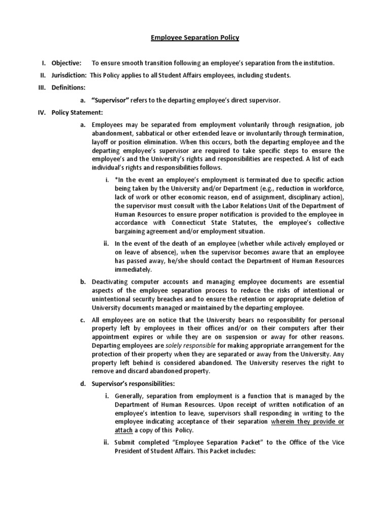 Employee Separation Policy PDF Computer File Employment