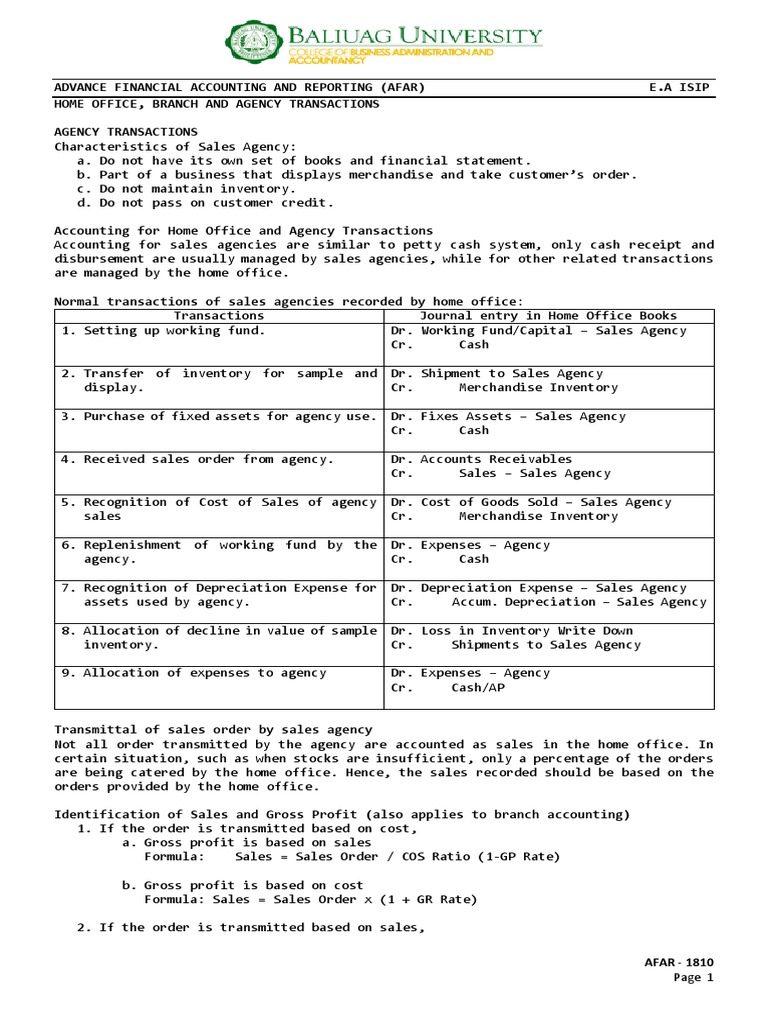 1810 AFAR Home Office Branch and Agency Transaction | PDF | Debits 