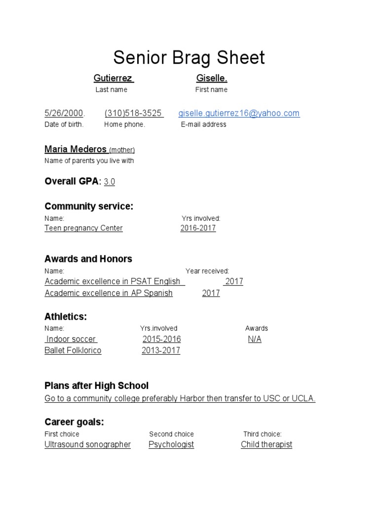 Senior Brag Sheets PDF