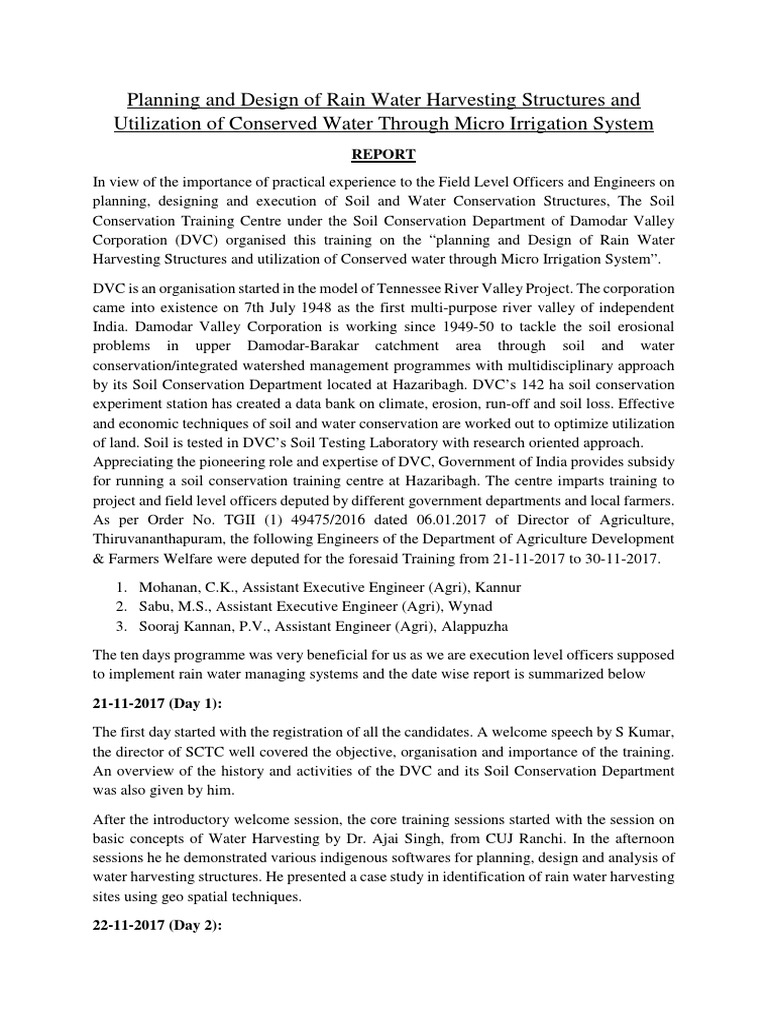 Rain Water Harvesting Training Report | PDF | Water Conservation | Soil