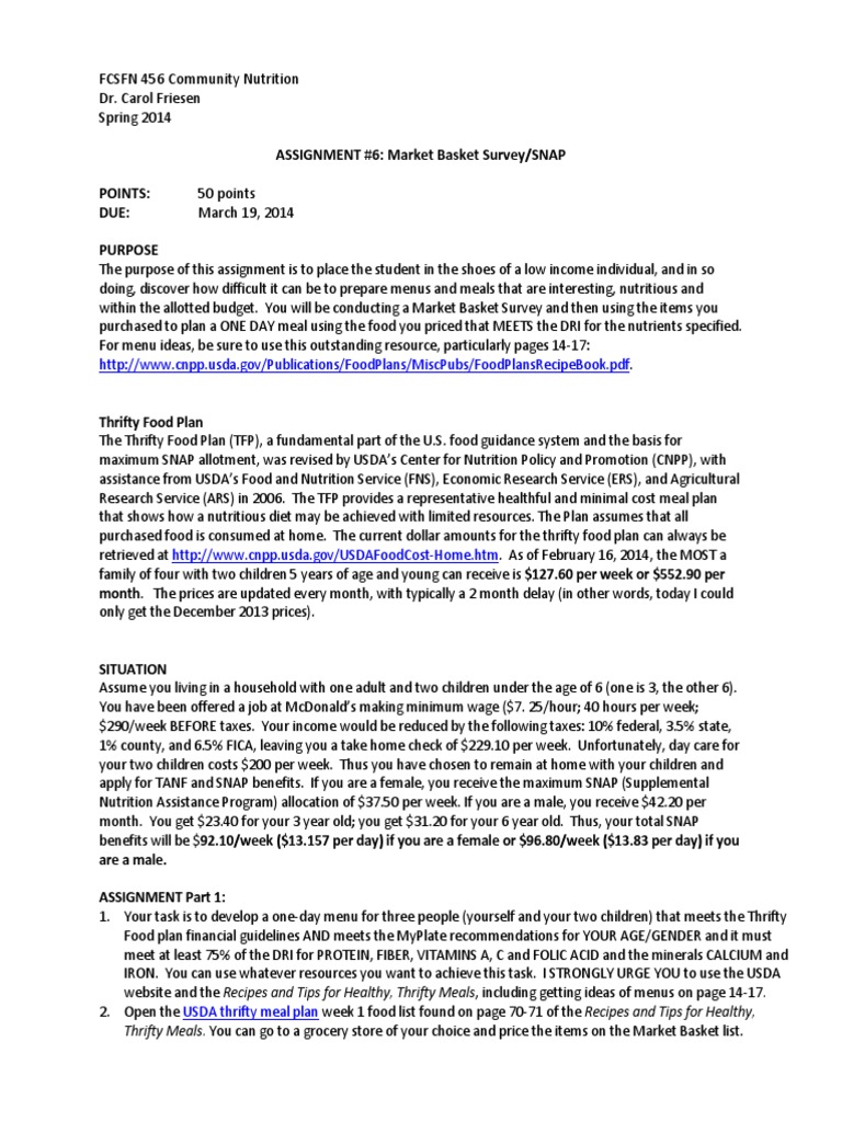 FCFN 456 Assignment 6 Market Basket Survey PDF Menu Nutrition