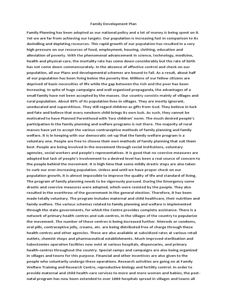 Family Development Plan Essay | PDF | Family Planning | Human Reproduction