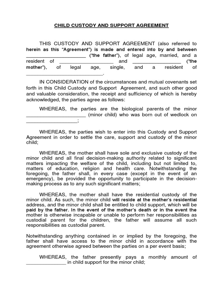 Child Custody and Support Agreement Format PDF Child Custody
