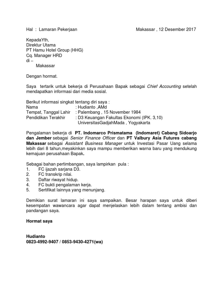 Surat Lamaran Untuk Indomaret 