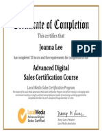 Certificate of Completion: Joanna Lee Advanced Digital Sales Certification Course