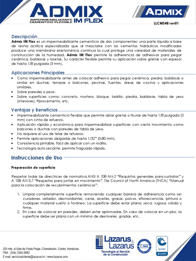 Admix IM Flex: Impermeabilizante Flexible | PDF | Hormigón | Materiales