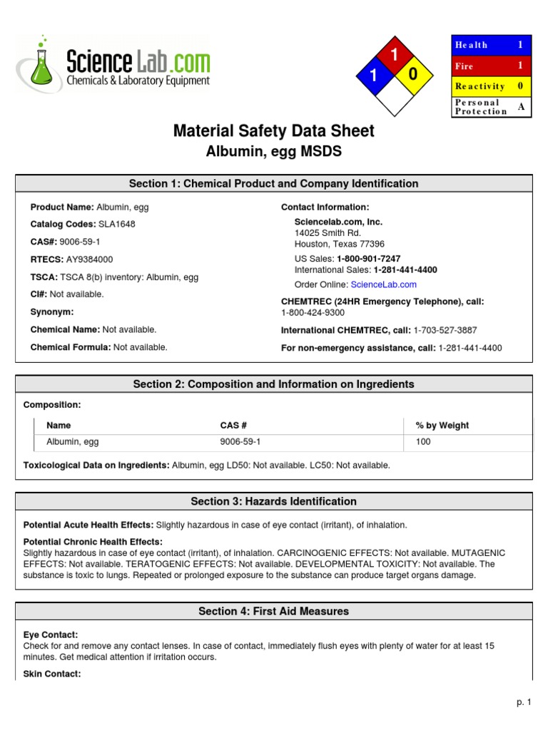 Albumin, Egg MSDS Section 1 Chemical Product and Company
