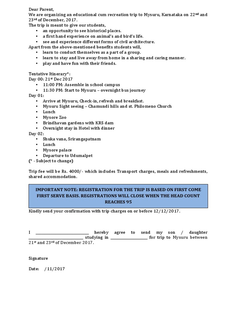 Mysuru Educational Trip Circular | PDF