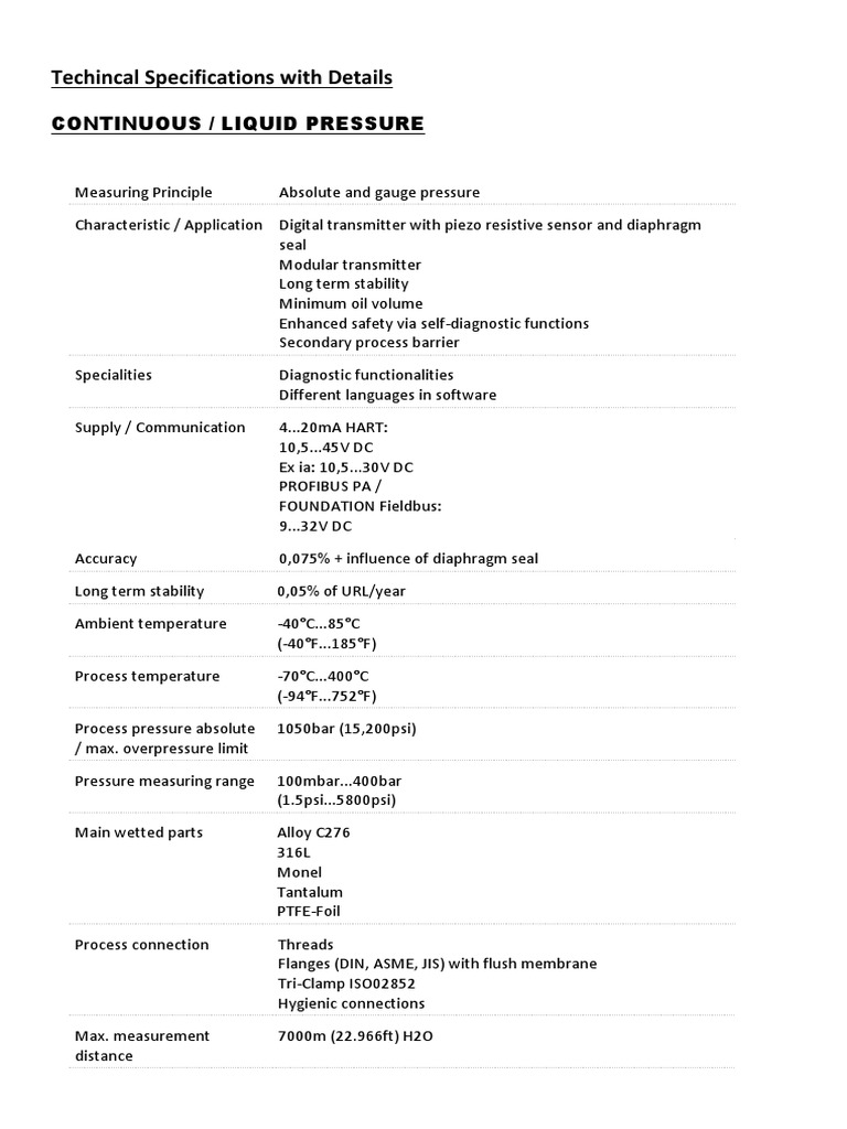 Technical Specifications for Pressure and Flow Meters | PDF | Power ...