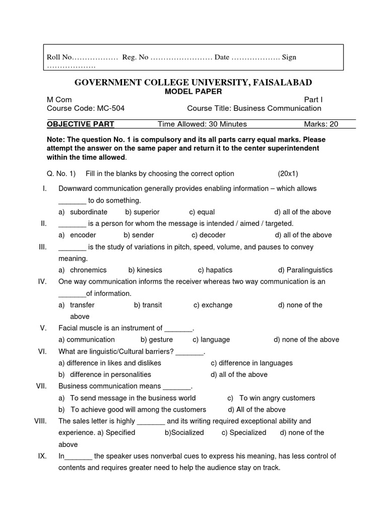 M Com Business Communication Model Paper | PDF | Human Communication ...