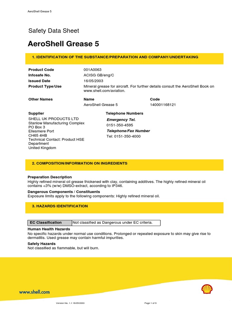 Aeroshell Grease 5 Safety Data Sheet PDF Dangerous Goods Toxicity