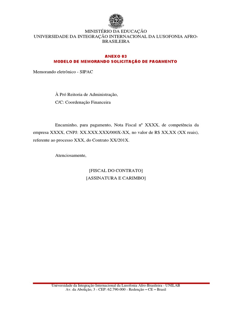 Anexo 03 Modelo de Memorando Solicitacao de Pagamento | PDF