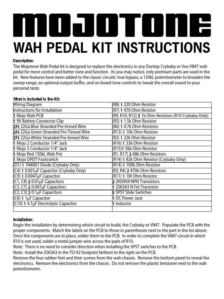 Mojo Wah Pedal Kit Instructions PDF Printed Circuit Board