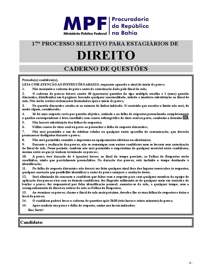 Prova Direito CONCURSO ESTAGIO MPF | Procedimento criminal | Réu