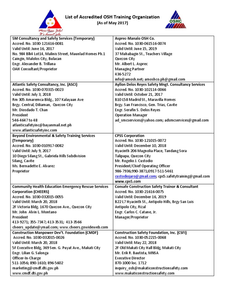 DOLE Accredited OSH Training Centers PDF Philippines Business