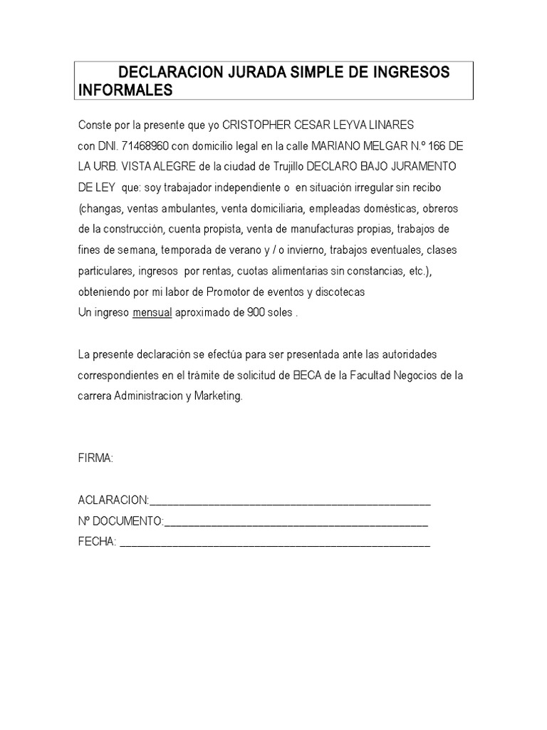 Declaración Jurada de Ingresos Informales | PDF