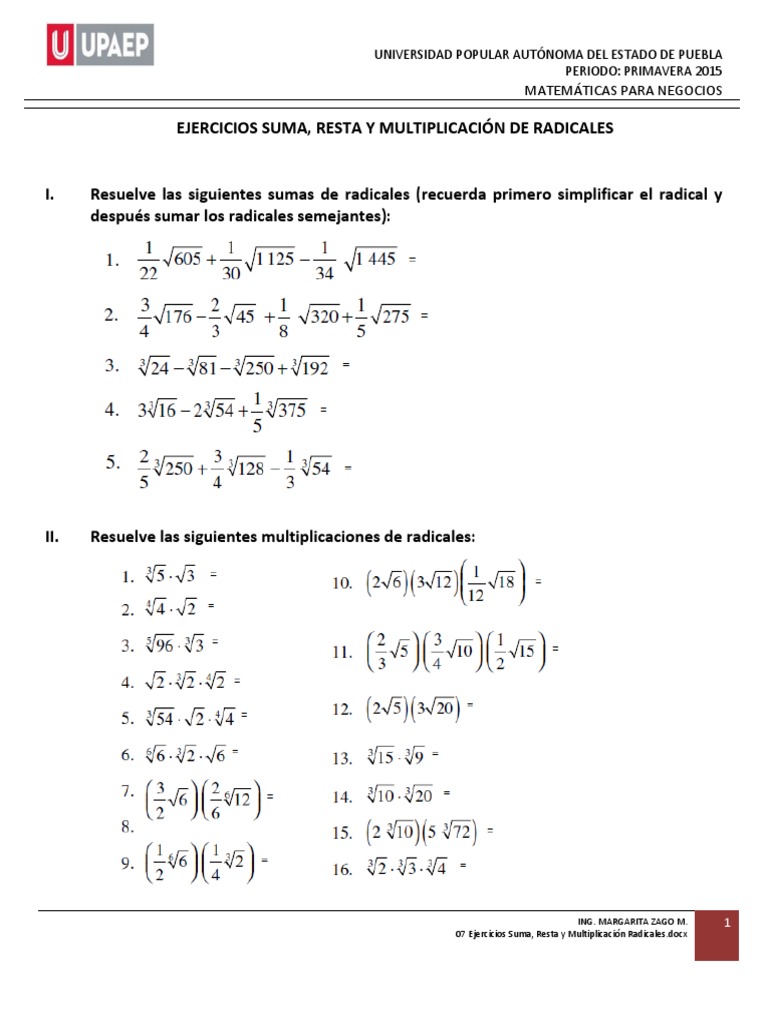 Ejercicios De Sumas Restas Y Multiplicaciones De Radicales Pdf