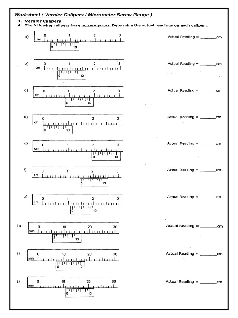 Worksheet Vernier Calipers Micrometer Screw Gauge PDF