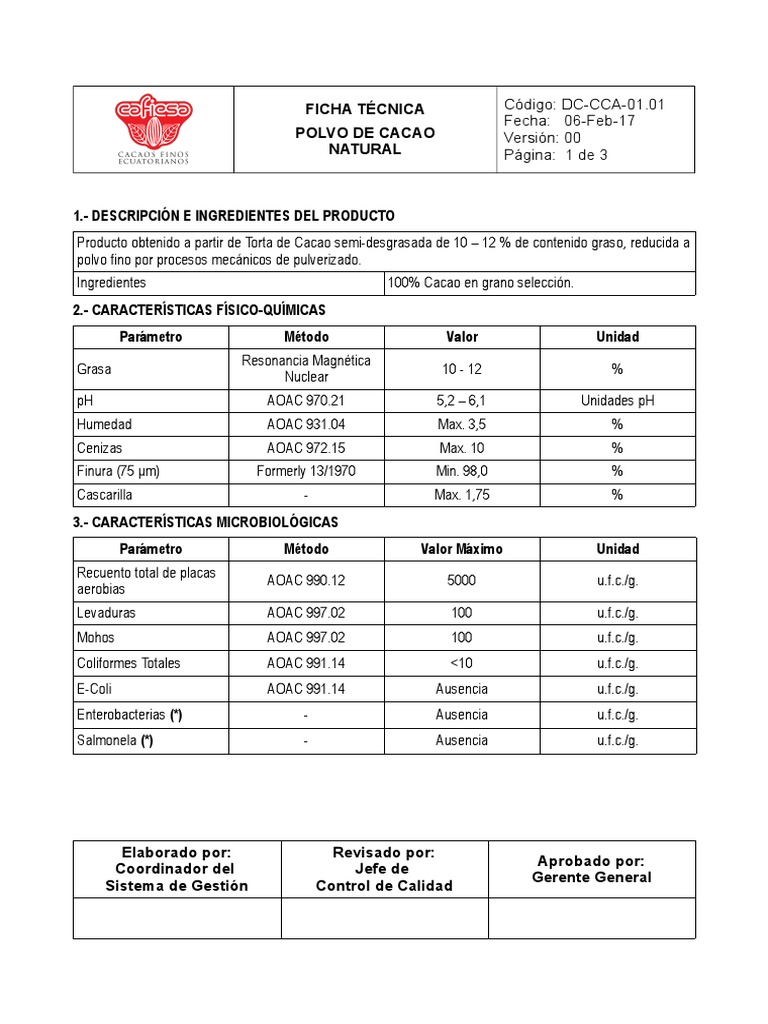 DCCCA01.01 Ficha Técnica Polvo de Cacao Natural(1) Food And Drink