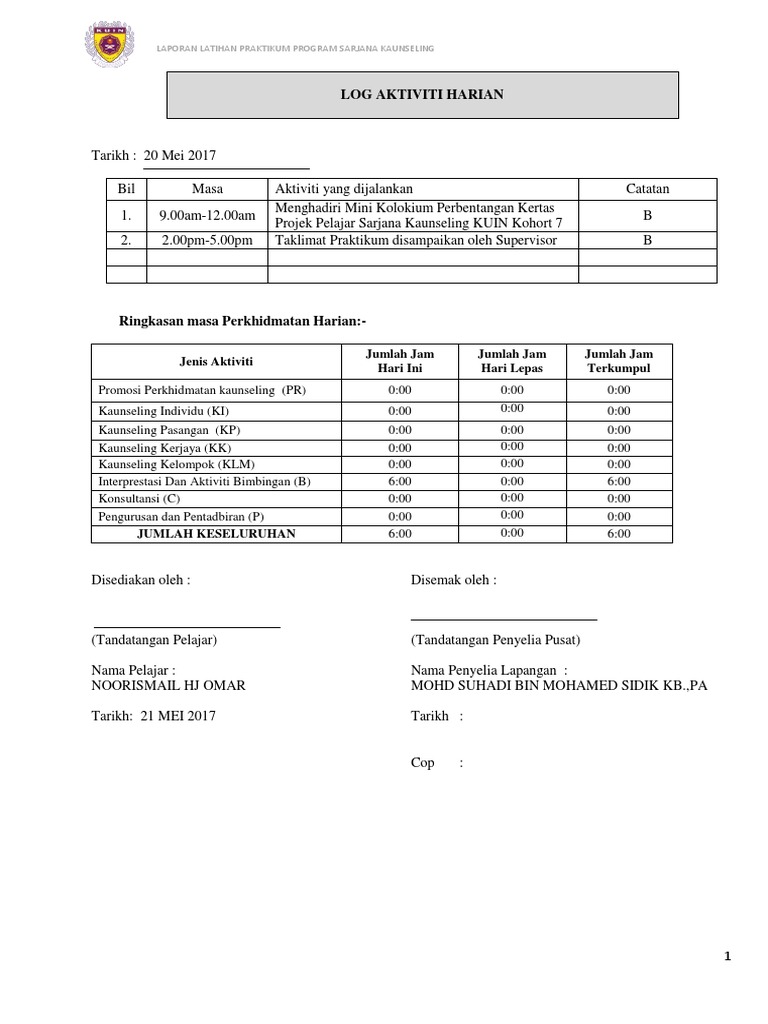 Log Aktiviti Harian | PDF