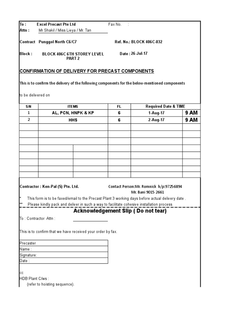9 Am 9 Am: Confirmation of Delivery For Precast Components | PDF