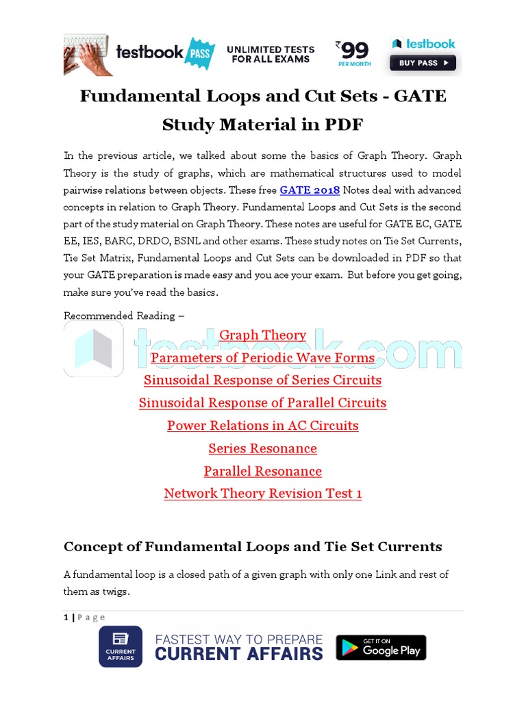 GATE Study Notes: Loops & Cut Sets PDF | PDF | Graph Theory | Matrix ...
