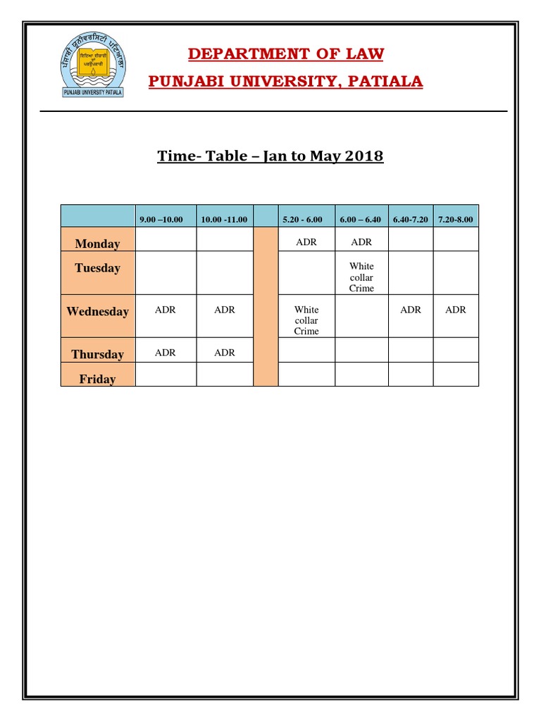 Time Table - Jan - May | PDF