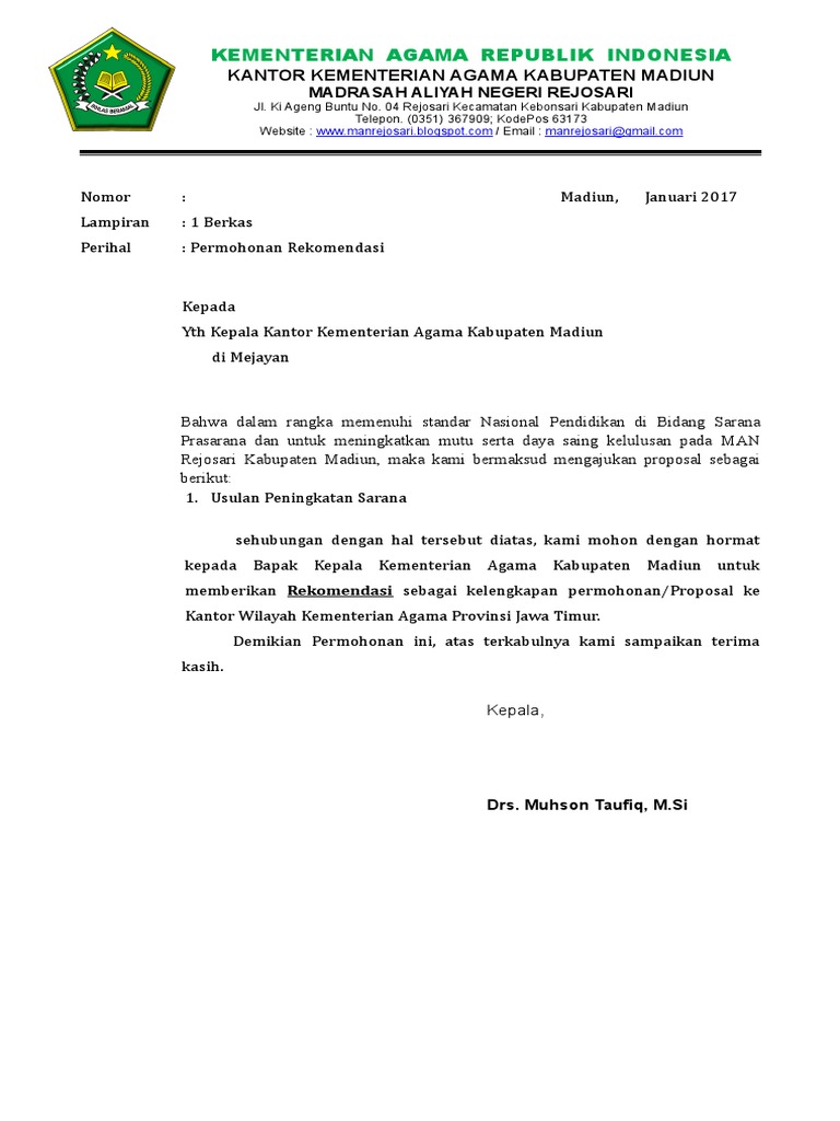 Surat Permohonan Rekomendasi Proposal Simsapras