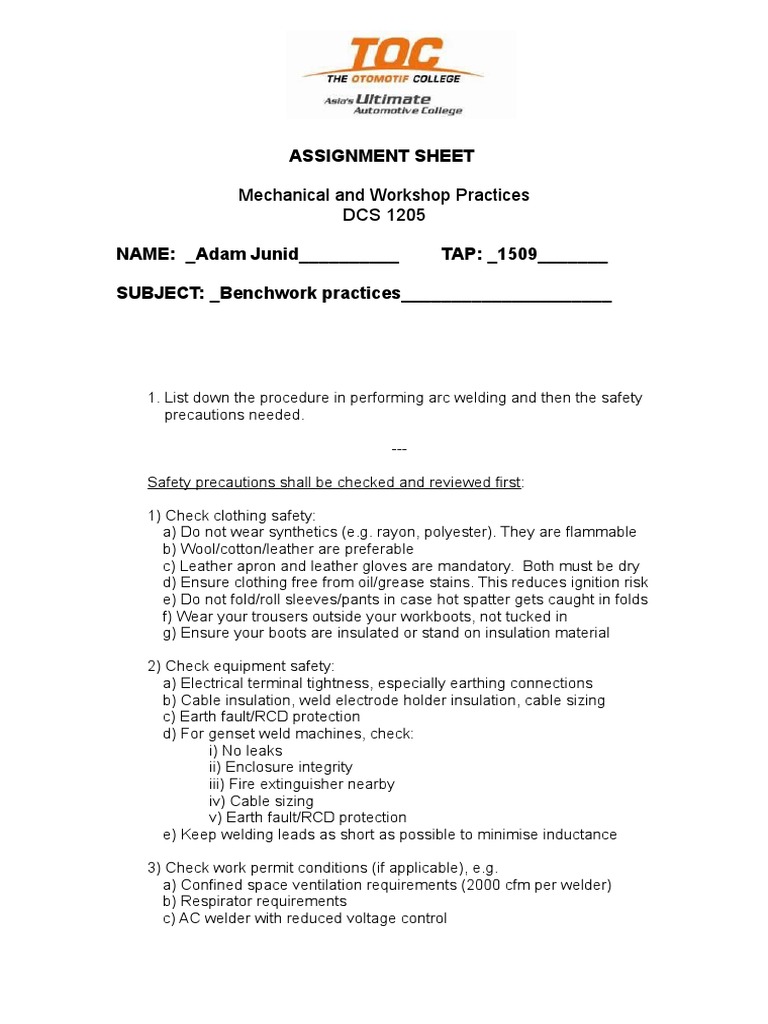 Adam Junid - Assignment Sheet DCS 1205 Rev1 23mar16 | PDF | Screw | Welding