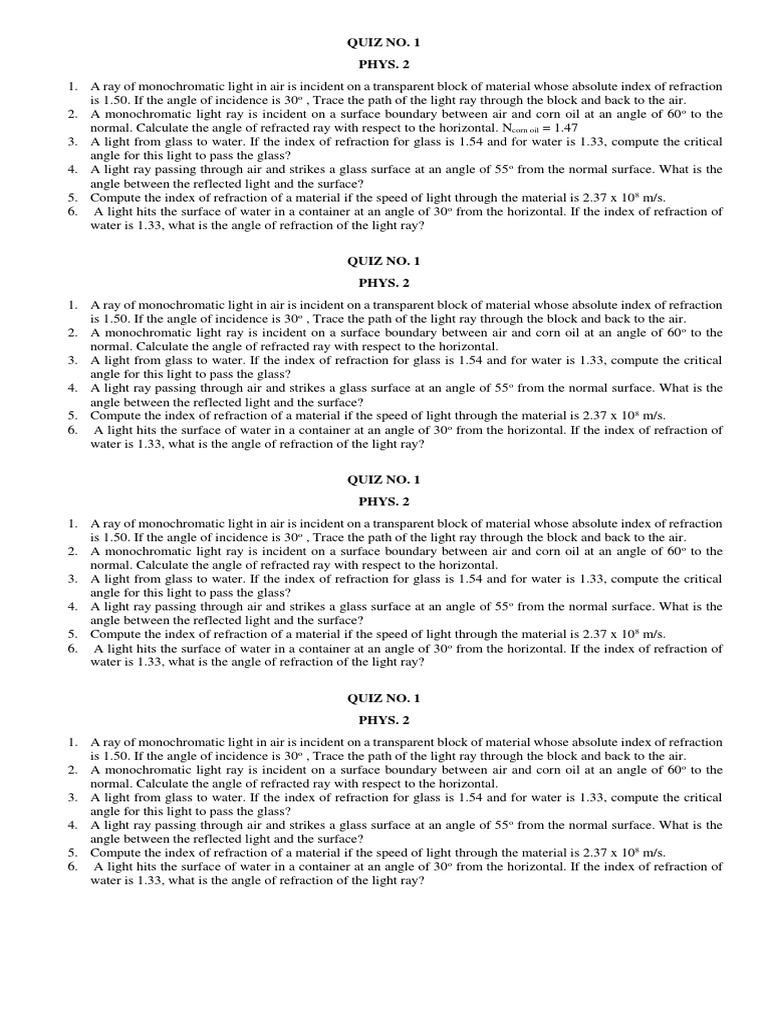 Quiz No. 1 PDF Refraction Refractive Index