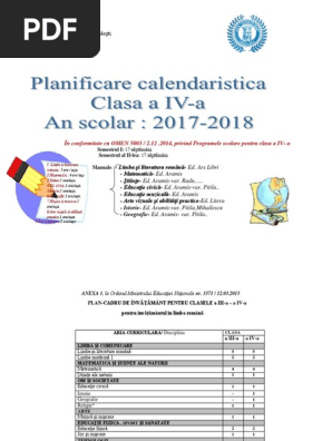 1 Planificare Calendaristica 2 Clasa A Iv A Pe Arii Curiculare Copy