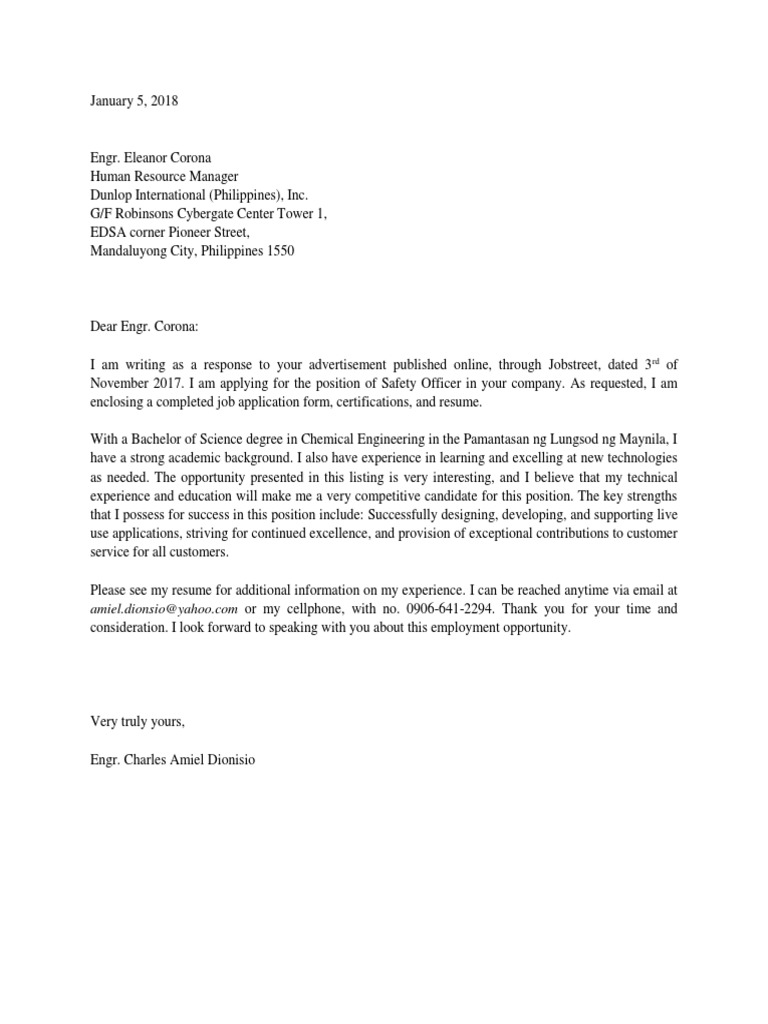 Application Letter Sample PDF Manila Engineering