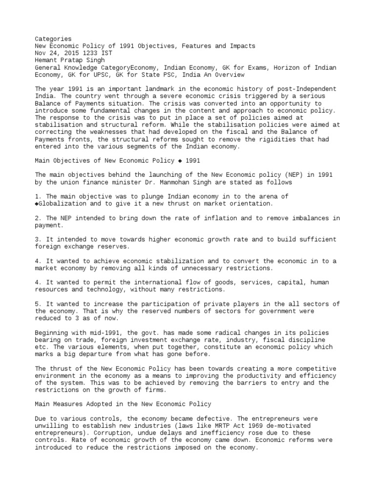 New Economic Policy of 1991 | PDF | Foreign Direct Investment | Economy ...