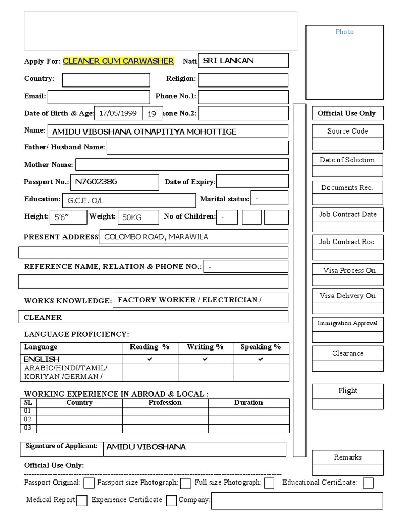 SLBFE Cleaner Registration Form | PDF | Travel Visa | Government And ...