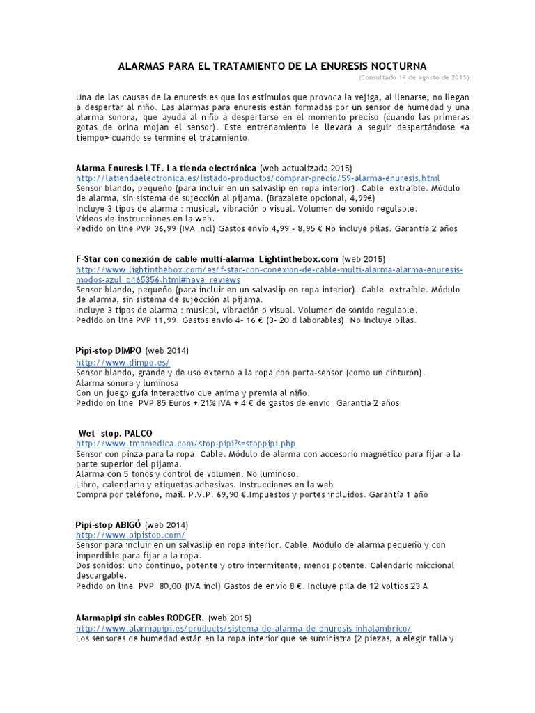 ALARMAS ENURESIS Información de Venta, PDF, Orina nocturna al dormir