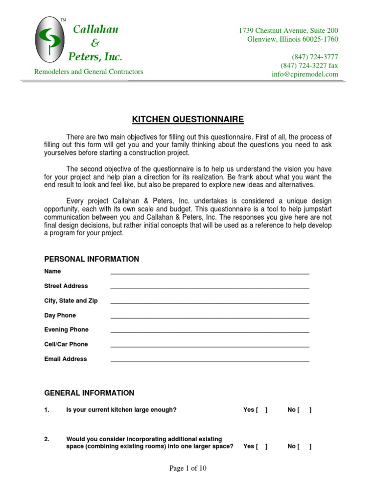 Callahan & Peters, Inc. Kitchen Questionnaire Refrigerator